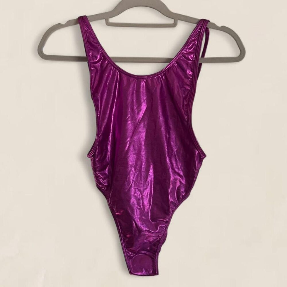 American Apparel purple metallic one piece 90s high cut open back swimsuit XS